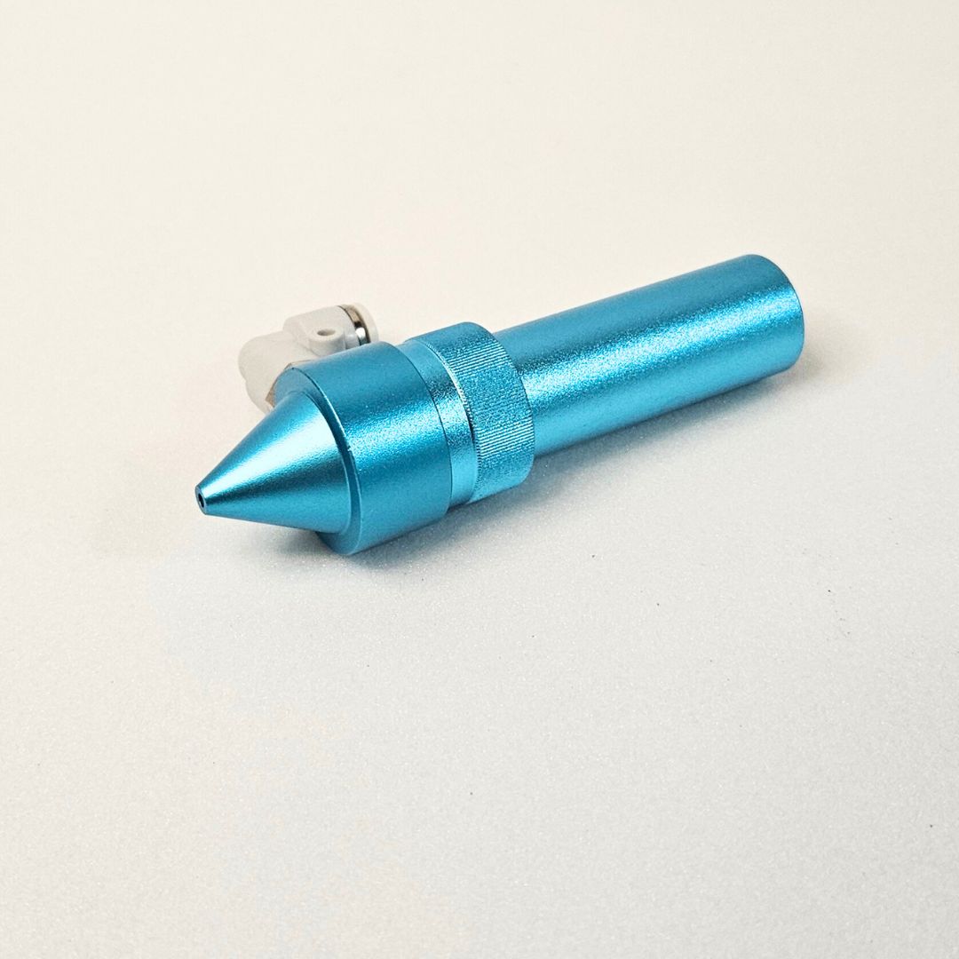 a blue metal laser head for a nova series laser cutter machine by thunder laser. I tube with a nozzle on the end and a place to connect the air tube