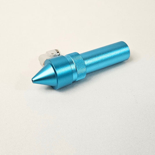 a blue metal laser head for a nova series laser cutter machine by thunder laser. I tube with a nozzle on the end and a place to connect the air tube