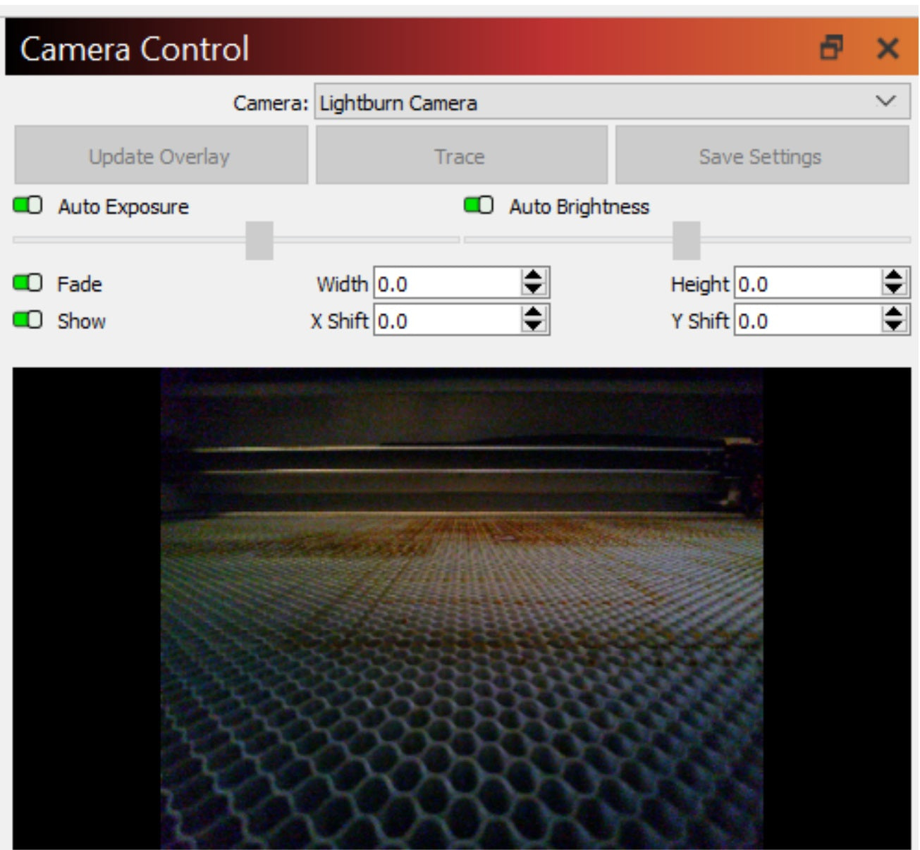 Lightburn screenshot of camera overlay